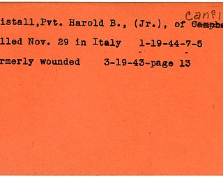 World War II, Vindicator, Harold B. Cristall Jr, Canfield, killed, Italy, 1944, wounded, 1943