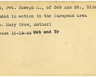 World War II, Vindicator, Joseph A. Crow, Niles, wounded, Europe, Mary Crow, 1944, Mahoning, Trumbull