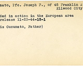World War II, Vindicator, Joseph F. Cucunato, Ellwood City, wounded, Europe, 1944, Louis Cucunato