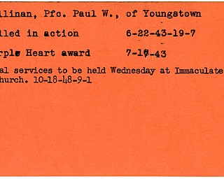 World War II, Vindicator, Paul W. Cullinan, Youngstown, killed, 1943, award, Purple Heart, 1948