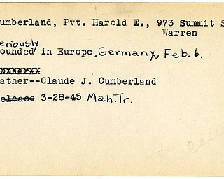 World War II, Vindicator, Harold E. Cumberland, Warren, wounded, Germany, Europe, Claude J. Cumberland, 1945, Mahoning, Trumbull