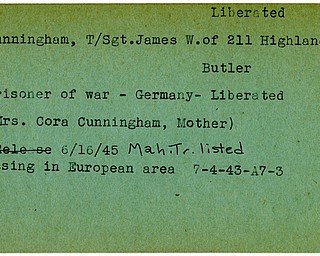 World War II, Vindicator, James W. Cunningham, Butler, liberated, prisoner, Germany, Cora Cunningham, 1945, Mahoning, Trumbull, missing, Europe, 1943