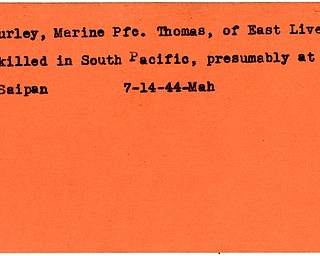 World War II, Vindicator, Thomas Curley, East Liverpool, killed, Pacific, Saipan, 1944, Mahoning