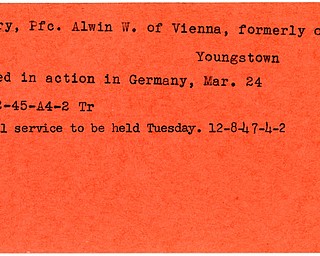 World War II, Vindicator, Alwin W. Curry, Youngstown, Vienna, killed, Germany, 1945, Trumbull, 1947