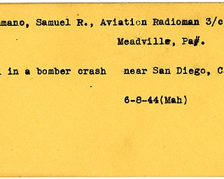 World War II, Vindicator, Samuel R. Cusumano, Aviation Radioman, Meadville, died, crash, San Diego, California, 1944, Mahoning