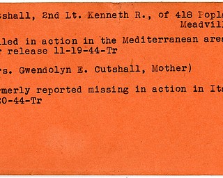World War II, Vindicator, Kenneth R. Cutshall, Meadville, killed, Mediterranean, 1944, Trumbull, Gwendolyn E. Cutshall, missing, Italy