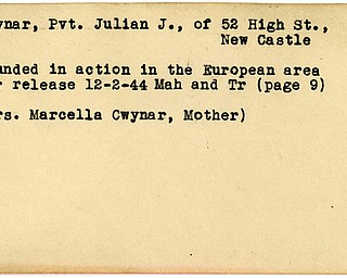 World War II, Vindicator, Julian J. Cwynar, New Castle, wounded, Europe, 1944, Mahoning, Trumbull, Marcella Cwynar