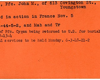 World War II, Vindicator, John M. Cygan, Youngstown, killed, France, 1944, Mahoning, Trumbull, 1948