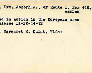 World War II, Vindicator, Joseph J. Dziak, Warren, wounded, Europe, 1944, Trumbull, Margaret M. Dziak