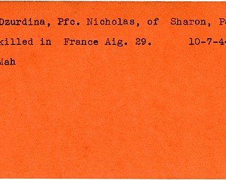 World War II, Vindicator, Nicholas Dzurdina, Sharon, Pennsylvania, killed, France, 1944, Mahoning