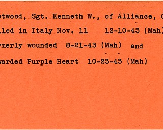 World War II, Vindicator, Kenneth W. Eastwood, Alliance, Ohio, killed, Italy, 1943, wounded, Purple Heart, Mahoning