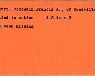 World War II, Vindicator, Francis J. Eckart, Coxswain, Meadville, Pennsylvania, killed, missing, 1944