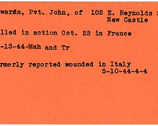 World War II, Vindicator, John Edwards, New Castle, killed, France, 1944, Mahoning, Trumbull, wounded, Italy, 1944
