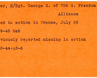 World War II, Vindicator, George E. Egner, Alliance, killed, France, 1945, Mahoning, missing, 1944