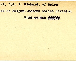 World War II, Vindicator, J. Richard Ehrhart, Salem, wounded, Saipan, marine, 1944, Mahoning