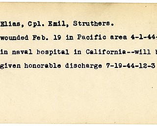 World War II, Vindicator, Emil Elias, Struthers, wounded, Pacific, 1944, hospitalized, honorable discharge