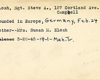 World War II, Vindicator, Steve A. Elosh, Campbell, wounded, Europe, Germany, Susan M. Elosh, 1945, Mahoning, Trumbull