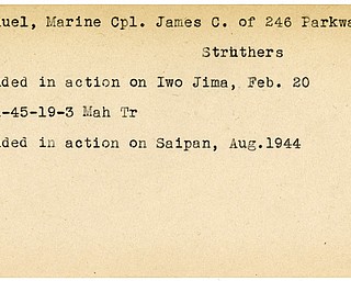 World War II, Vindicator, James C. Emanuel, marine, Struthers, wounded, Iwo Jima, 1945, Mahoning, Trumbull, Saipan, 1944