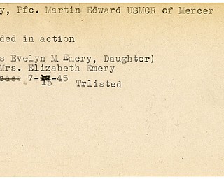 World War II, Vindicator, Martin Edward Emery, Mercer, USMCR, wounded, Evelyn M. Emery, Elizabeth Emery, 1945, Trumbull