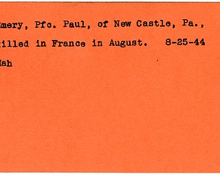 World War II, Vindicator, Paul Emery, New Castle, killed, France, 1944, Mahoning