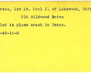 World War II, Vindicator, Paul J. Entress, Lakewood, killed, accident, Texas, 1945