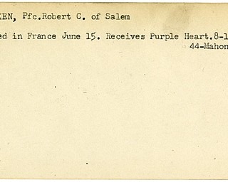 World War II, Vindicator, Robert C. Entriken, Salem, wounded, France, award, Purple Heart, 1944, Mahoning