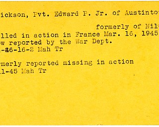 World War II, Vindicator, Edward P. Erickson Jr, Austintown, Niles, killed, France, 1945, 1946, Mahoning, Trumbull, missing