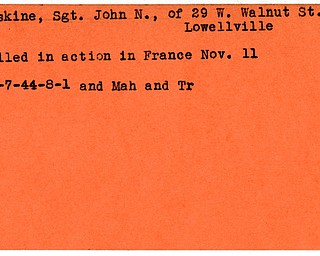 World War II, Vindicator, John N. Erskine, Lowellville, killed, France, 1944, Mahoning, Trumbull