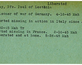 World War II, Vindicator, Paul Eskay, Leetonia, liberated, prisoner, Germany, 1945, Mahoning, missing, Italy, Trumbull, France