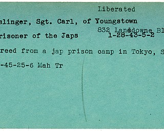 World War II, Vindicator, Carl Eslinger, Youngstown, liberated, 1943, prisoner, Japanese, 1945, Mahoning, Trumbull