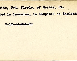 World War II, Vindicator, Florie Esposito, Mercer, wounded, hospitalized, England, 1944, Trumbull, Mahoning