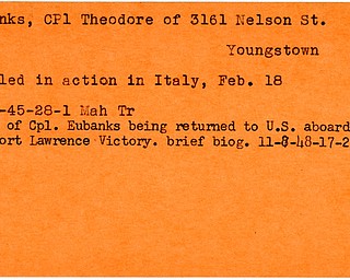 World War II, Vindicator, Theodore Eubanks, Youngstown, killed, Italy, 1945, body returned, Lawrence Victory, 1948, Mahoning, Trumbull