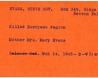 World War II, Vindicator, Steve Evans, Newton Falls, killed, Europe, Mary Evans, 1945