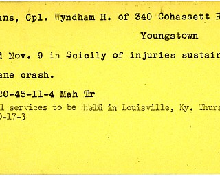 World War II, Vindicator, Wyndham H. Evans, Youngstown, killed, Scicily, wounded, plane crash, 1945, funeral, Louisville, Kentucky, 1950, Mahoning, Trumbull