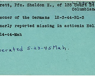 World War II, Vindicator, Sheldon E. Everett, Columbiana, prisoner, Germany, 1944, missing, Holland, liberated, 1945, mahoning