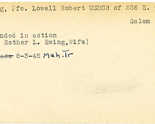 World War II, Vindicator, Lowell Robert Ewing, Salem, wounded, Esther L. Ewing, 1945, Mahoning, Trumbull