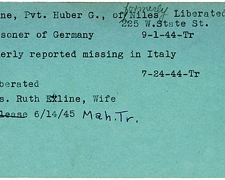 World War II, Vindicator, Huber G. Exline, Niles, prisoner, Germany, missing, Italy, liberated, 1944, Ruth Exline, 1945, Mahoning, Trumbull