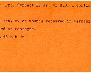 World War II, Vindicator, Corbett L. Faber Jr., Cortland, killed, wounded, Germany, Bastogne, 1945, Mahoning, Trumbull
