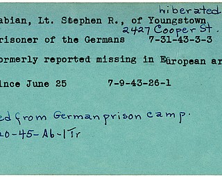 World War II, Vindicator, Stephen R. Fabian, Youngstown, prisoner, Germany, missing, Europe, 1943, liberated, 1945, Trumbull