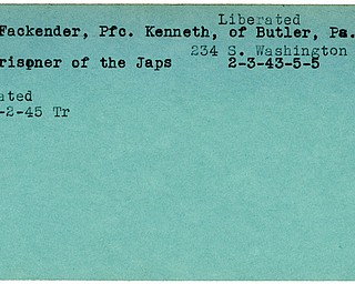 World War II, Vindicator, Kenneth Fackender, Butler, Pennsylvania, prisoner, Japanese, 1943, Liberated, 1945, Trumbull