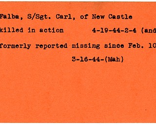 World War II, Vindicator, Carl Falba, New Castle, killed, missing, 1944, Mahoning