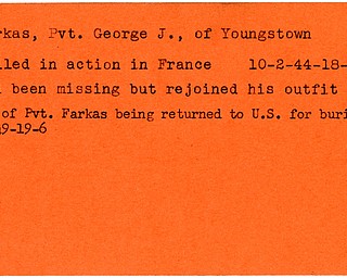 World War II, Vindicator, George J. Farkas, Youngstown, killed, France, 1944, missing, rejoined, body returned, 1949