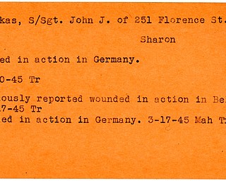 World War II, Vindicator, John J. Farkas, Sharon, killed, Germany, 1945, wounded, Belgium, Germany, Mahoning, Trumbull