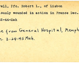 World War II, Vindicator, Robert L. Farrell, Lisbon, wounded, France, 1944, Mahoning, returned, General Hospital, Memphis, Tennessee, 1945