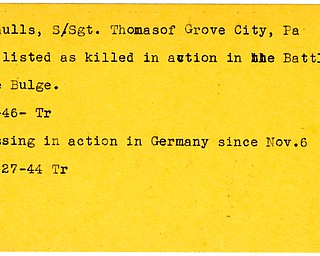 World War II, Vindicator, Thomas Faulls, Grove City, Pennsylvania, killed, Battle of the Bulge, 1946, missing, Germany, 1944, Trumbull