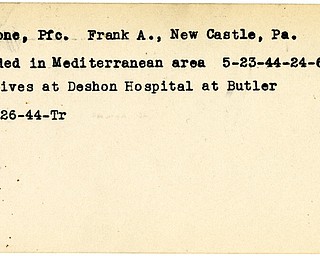 World War II, Vindicator, Frank A. Fazzone, New Castle, Pennsylvania, wounded, Mediterranean, 1944, Deshon Hospital, Butler, Trumbull