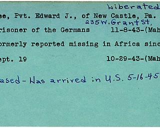 World War II, Vindicator, Edward J. Fee, New Castle, Pennsylvania, prisoner, Germany, missing, Africa, released, liberated, arrived in U.S., 1943, 1945, Mahoning, Trumbull