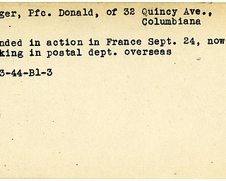 World War II, Vindicator, Donald Felger, Columbiana, wounded, France, postal department, overseas, 1944