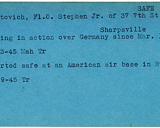 World War II, Vindicator, Stephen Feltovich Jr., Sharpsville, missing, Germany, 1945, safe, Russia, Mahoning, Trumbull, American Air base