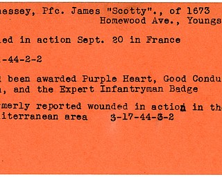 World War II, Vindicator, James "Scotty" Fennessey, Youngstown, killed, France, Purple Heart, Good Conduct Pin, Expert Infantryman Badge, wounded, Mediterranean, 1944